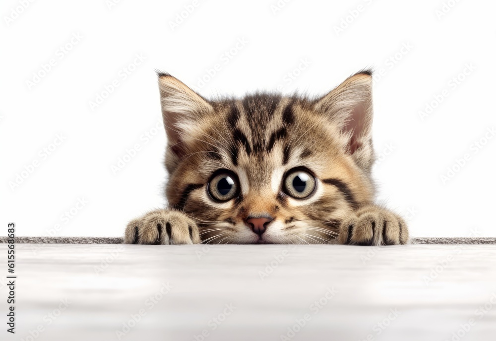 Adorable Sokoke Kitten Peeking Out from Behind White Table with Copy Space, Isolated on White Background. Generative AI. Adorable Sokoke Kitten Peeking Out from Behind White Table with Copy Space, Isolated on White Background. Generative AI.
