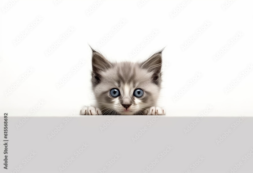 Adorable Snowshoe Kitten Peeking Out from Behind White Table with Copy Space, Isolated on White Background. Generative AI.