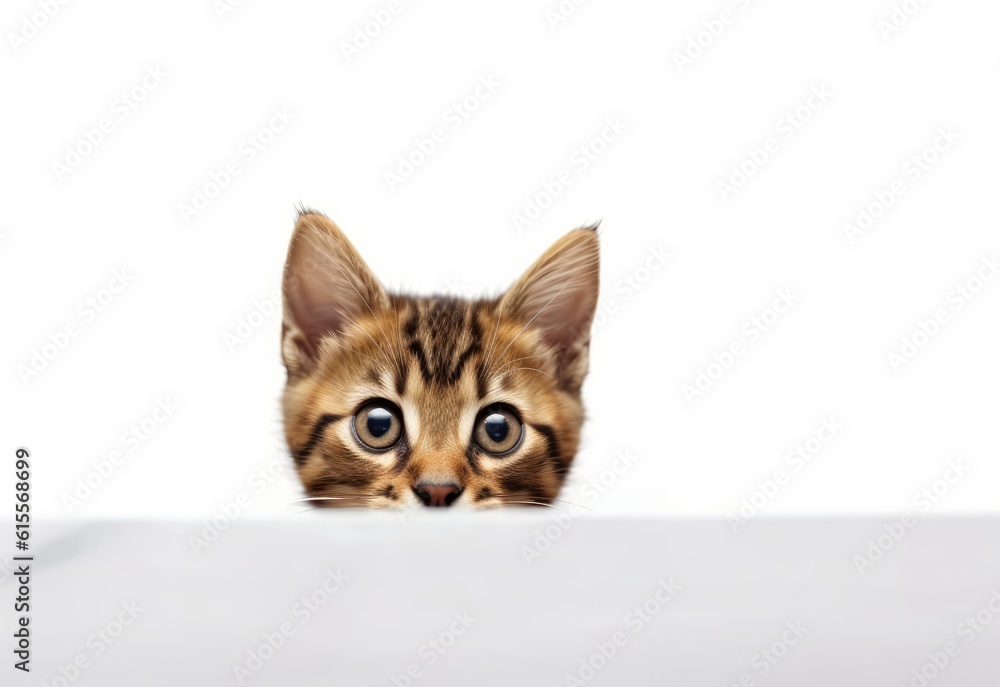 Adorable Somali Kitten Peeking Out from Behind White Table with Copy Space, Isolated on White Background. Generative AI.