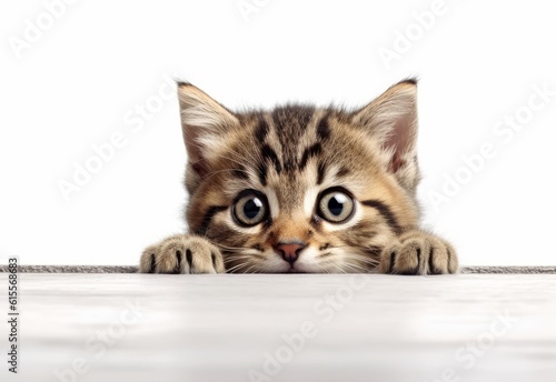 Adorable Sokoke Kitten Peeking Out from Behind White Table with Copy Space, Isolated on White Background. Generative AI.