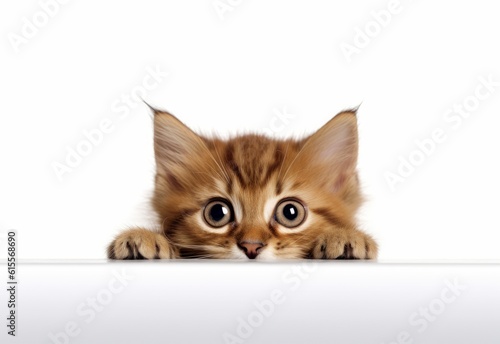 Adorable Somali Kitten Peeking Out from Behind White Table with Copy Space, Isolated on White Background. Generative AI.