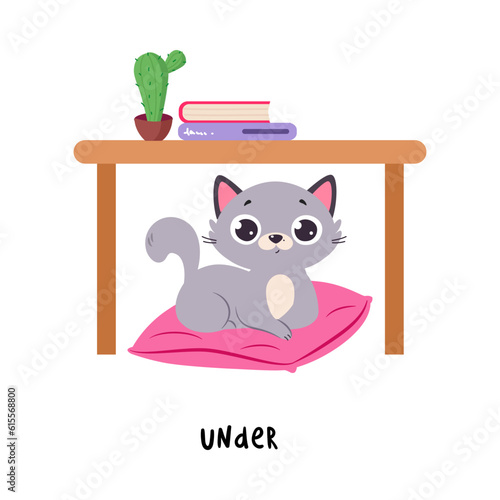Little Grey Cat Sitting Under Table on Pillow as English Language Preposition for Educational Activity Vector Illustration
