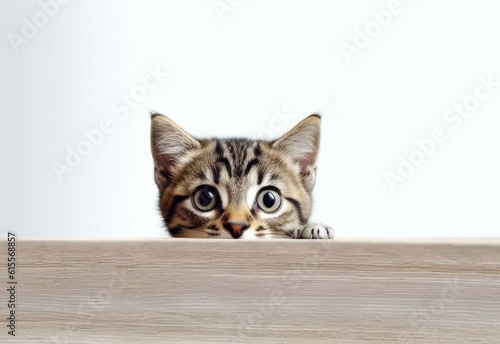 Adorable Ukrainian Levkoy Kitten Peeking Out from Behind White Table with Copy Space, Isolated on White Background. Generative AI.