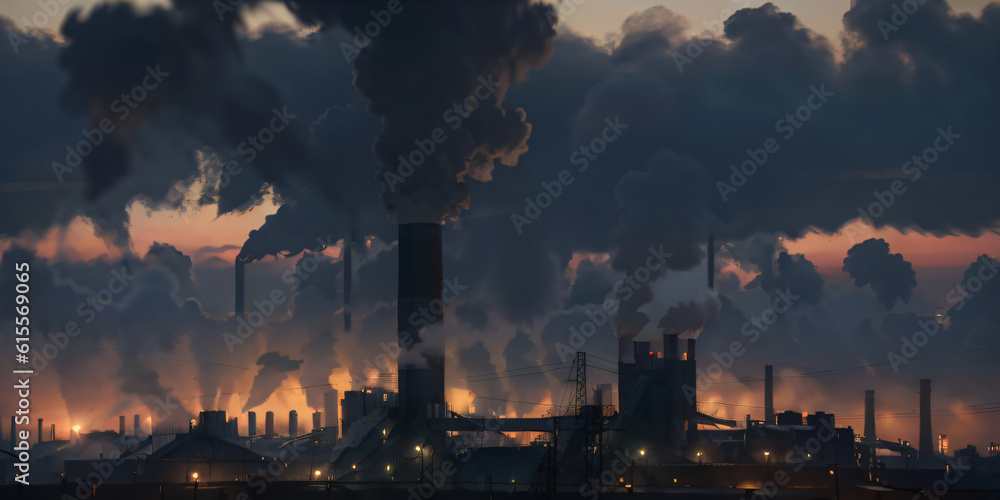 Air pollution from factories chimney at sunset, covering the city with smoke. Generative AI