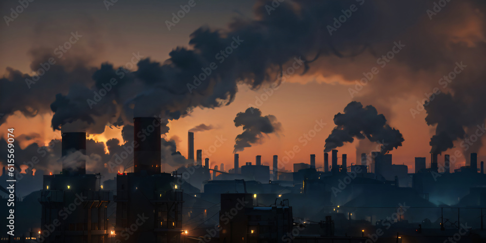 Air pollution from factories chimney at sunset, covering the city with smoke. Generative AI