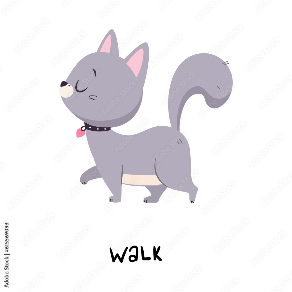 Funny Grey Cat Walking as English Verb for Educational Activity Vector Illustration Funny Grey Cat Walking as English Verb for Educational Activity Vector Illustration
