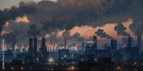 Air pollution from factories chimney at sunset  covering the city with smoke. Generative AI