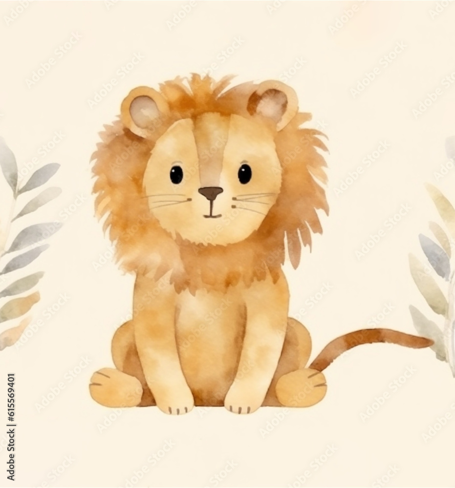 seamless patter illustration of cute lion on beige background, ai generated 