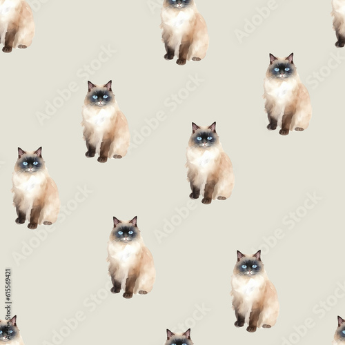 seamless patter illustration of cute cats on beige background, ai generated