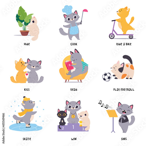 Fototapeta Naklejka Na Ścianę i Meble -  Funny Cat in Different Action as English Verb for Educational Activity Vector Illustration Set