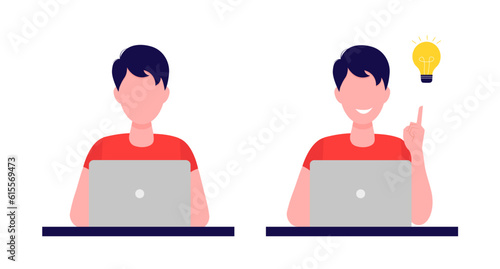 A man working at a computer and finding a creative idea. Vector illustration in flat cartoon style. Isolated on white background.
