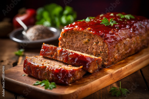 Delicious Meatloaf on Wooden Table Created with Generative AI Tools
