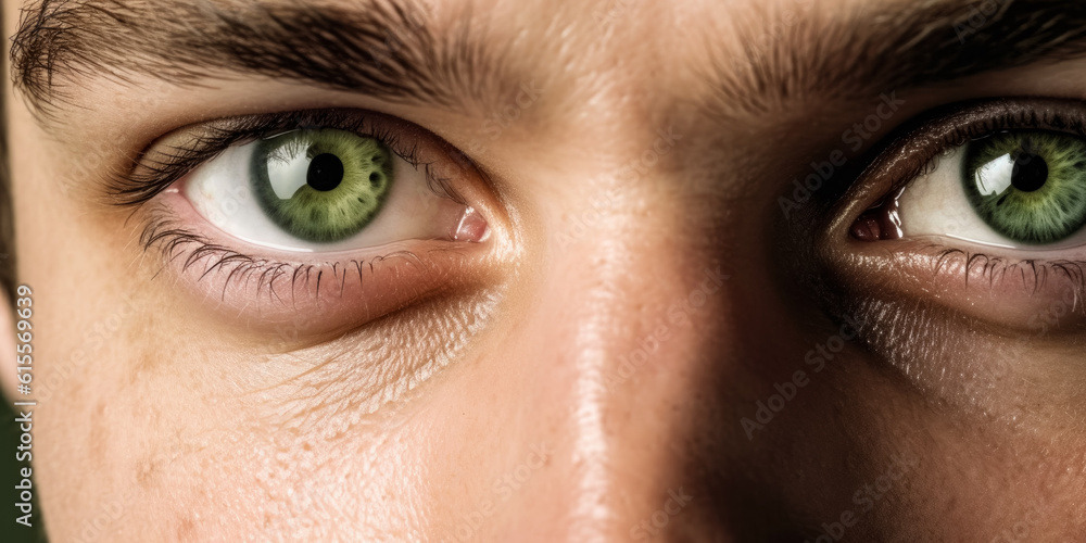 Man with green eyes, closeup detail to his face, both iris visible. Generative AI Man with green eyes, closeup detail to his face, both iris visible. Generative AI