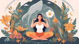 A young woman sitting on the lawn in the lotus position. The concept of meditation and harmony. Hand-drawn illustration. Padmasana pose, health care.. Generative AI.