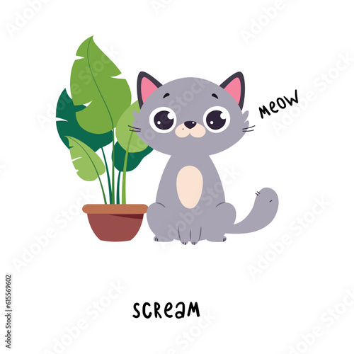 Funny Grey Cat Scream Meow Sound as English Verb for Educational Activity Vector Illustration