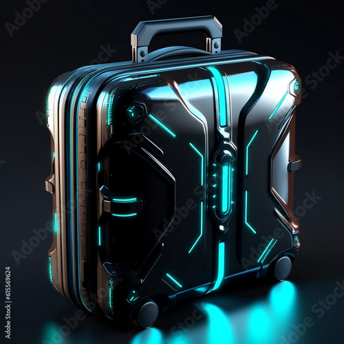 Futuristic black suitcases with lights. Radiant tron theme bag, cyberpunk style, black background. 