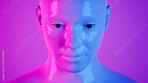 Fototapeta Naklejka Na Ścianę i Meble -  male hyper-realistic robot or cyborg in studio with neon light. Artificial intelligence or neural network in image cybernetic man. Digital technology concept. 3d render