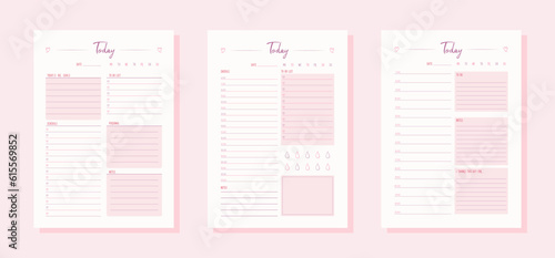 Three vector cute pink purple daily planners in one style. Minimalist simple design of organizer schedule pages with to do list for today for effective planning