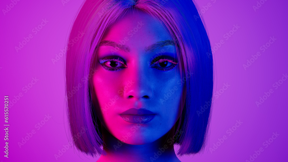 Female hyper-realistic robot or cyborg turn around in studio with neon light. Artificial intelligence or neural network in image cybernetic girl. Digital technology concept. Seamless loop 3d render Female hyper-realistic robot or cyborg turn around in studio with neon light. Artificial intelligence or neural network in image cybernetic girl. Digital technology concept. Seamless loop 3d render