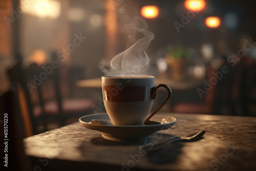 Hot coffee in a mug on a table in a restaurant, steam over the mug. AI generative.