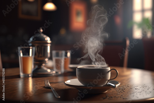 Hot coffee on the table in the restaurant, steam over the mug. AI generative.