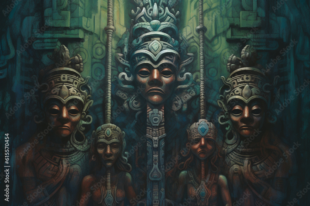 Mythical figures intertwined in a ceremonial totem, emanating a dark magic engaging atmosphere Generative AI