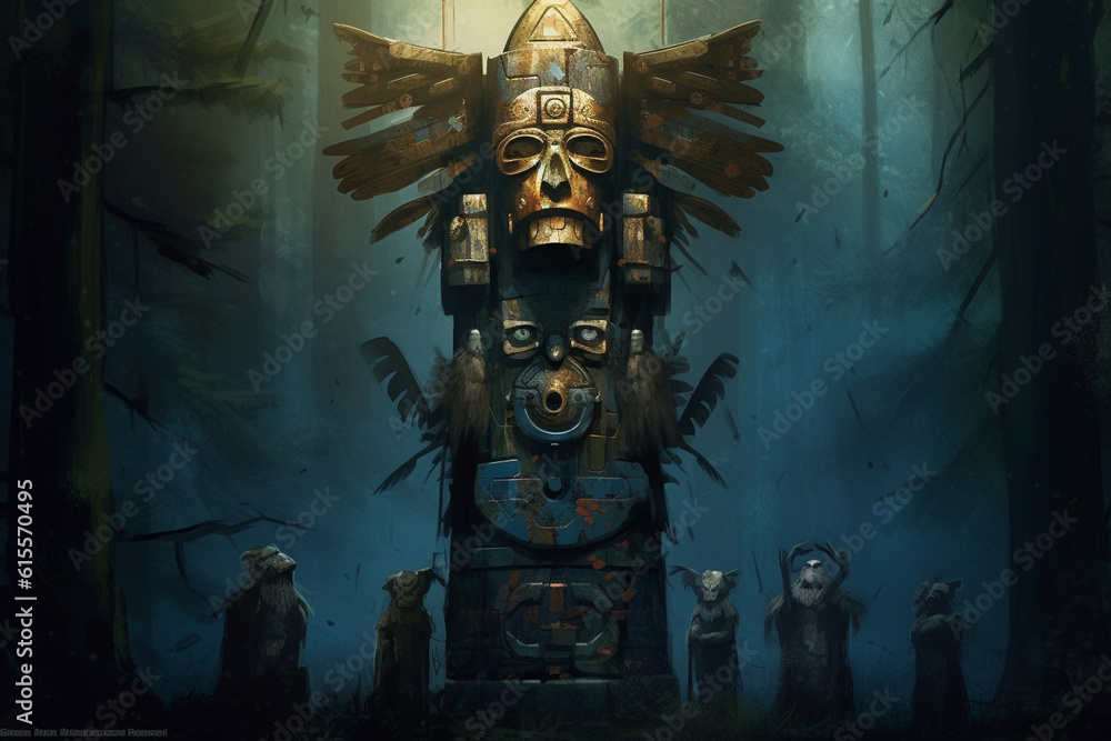 Fototapeta premium Totem bearing the symbols of forgotten legends, evoking a dark magic engaging atmosphere Generative AI