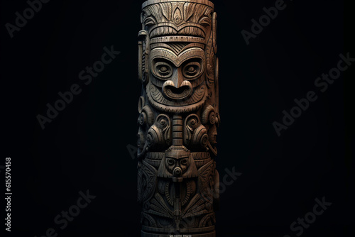 Totem carved with intricate patterns and symbols from mythological tales, enveloped in a dark magic engaging atmosphere Generative AI