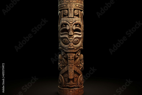 Totem carved with intricate patterns and symbols from mythological tales, enveloped in a dark magic engaging atmosphere Generative AI