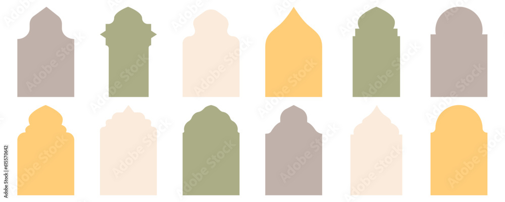 Shape Ramadan Window frame set. Arabic ramadan arches islamic ornament. Oriental architecture shape windows and doors. Flat vector illustration Shape Ramadan Window frame set. Arabic ramadan arches islamic ornament. Oriental architecture shape windows and doors. Flat vector illustration