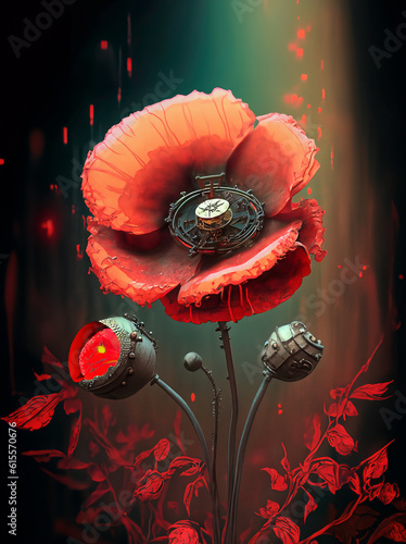 illustrazione generative ai di singolo fiore di papavero rosso in stile steampunk con sfondo astratto dai tratti gotici, natura morta photo