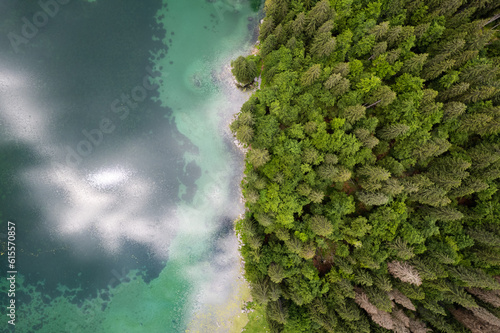 Green pine tree forest at emerald lake. Aerial drone view, top down. Beauty in nature © marcin jucha