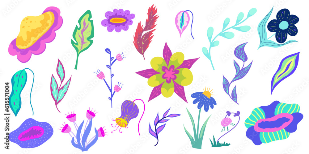 Naive Vibrant Flower set isolated. Spring plant naive style. Cartoon vector illustration. Daisy simple vibrant flora