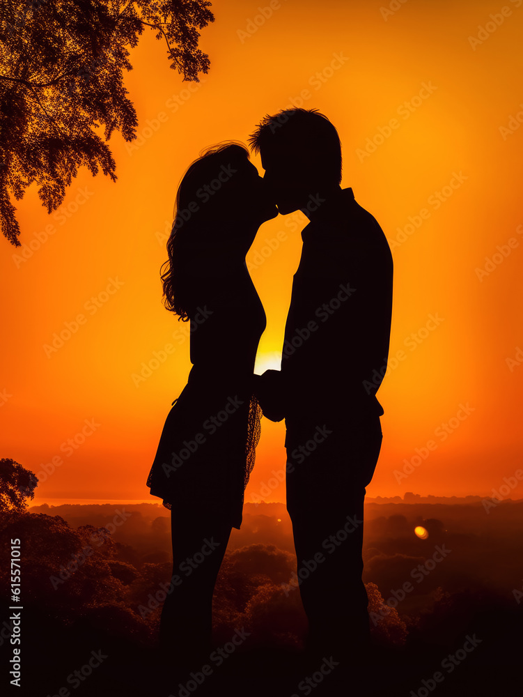 Young couple, man and woman kissing - only their silhouettes visible against orange sunset sky. Generative AI