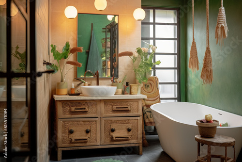 Bathroom with vanity unit and bathtub in boho style with touches of green