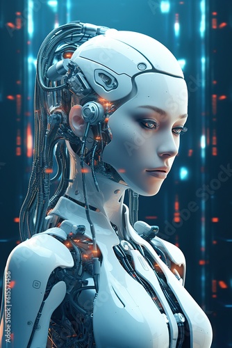 Illustration of a cyborg woman and Ai technology background   AI Generated