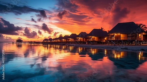 Amazing sunset landscape. Picturesque summer sunset in Maldives. Luxury resort villas seascape with soft led lights under colorful sky. Dream sunset over tropical sea, Generative AI