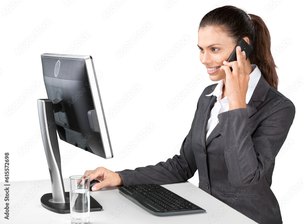 Portrait of a Businesswoman Talking on the Phone while Using Computer Portrait of a Businesswoman Talking on the Phone while Using Computer
