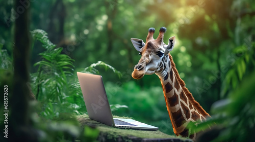 Giraffe working on a laptop in the jungle. Nature background generated by artificial intelligence. Surreal abstract concept of digital business, wireless internet or freelance job.