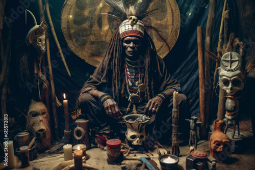 African shaman or witch doctor performing ritual in his shrine, mystical dark occult portrait. Generative AI
