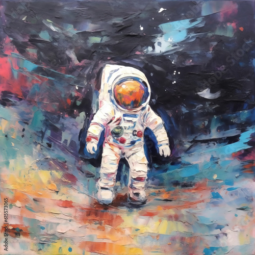 Illustrative oil paintingof a boy wearing an astronaut suit. photo