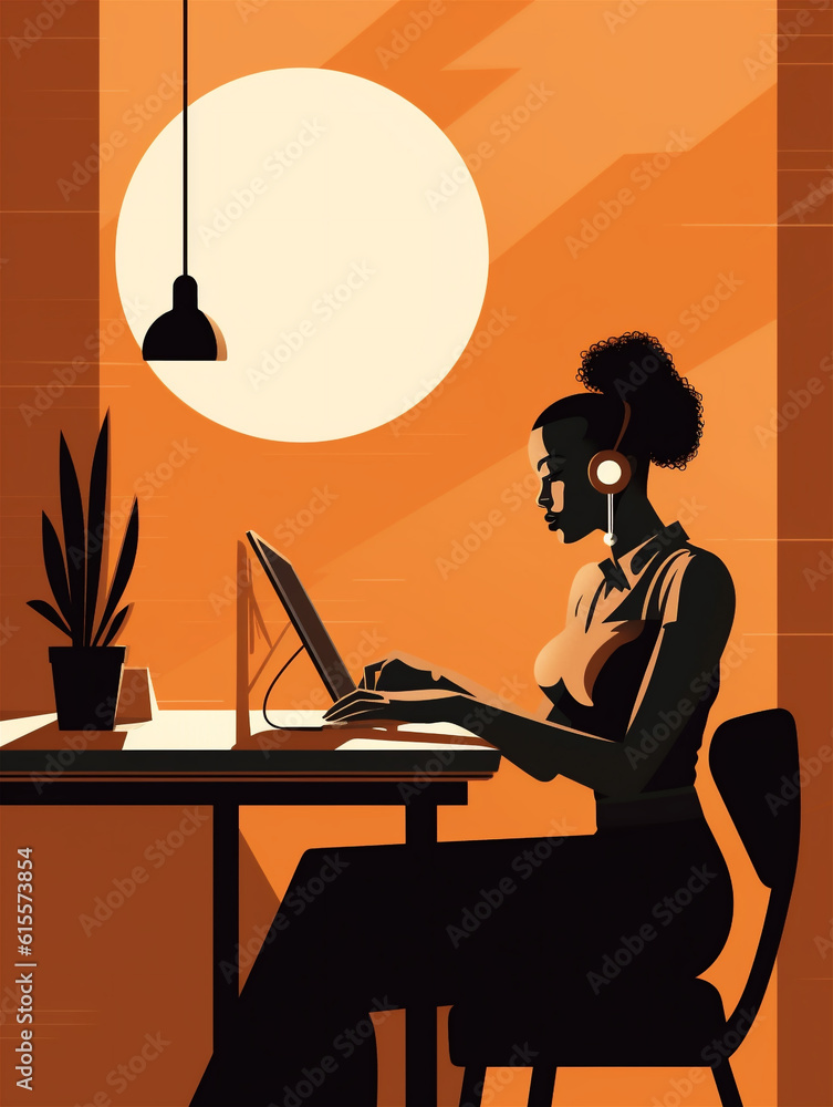 Illustration of a beautiful black woman working on computer. Ai generated Illustration of a beautiful black woman working on computer. Ai generated