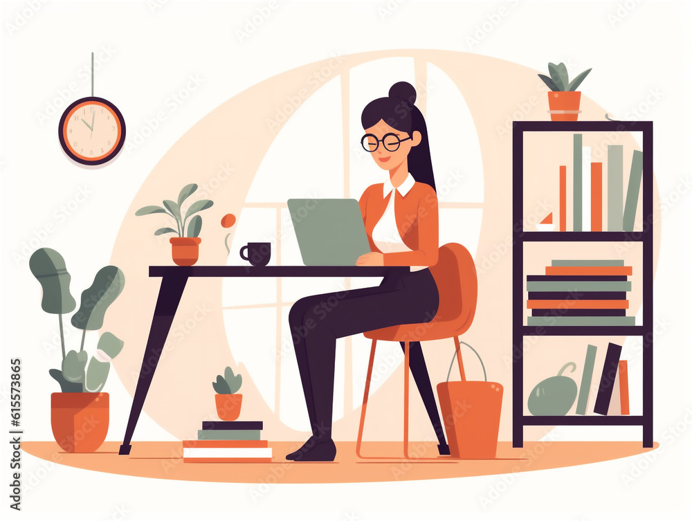 Colorful illustration of woman working on computer, ai generated 