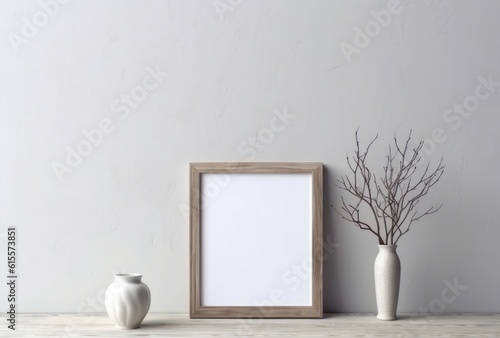 Rustic Frame Mock up Minimalist Product Backdrop Background Neutral Minimalist Simple Minimal Color, Beige, Tan, White with Vase of Leaves Flowers