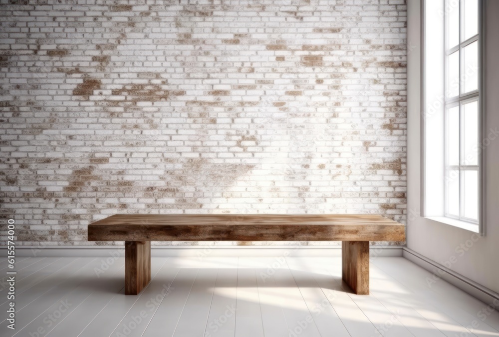 Rustic Exposed Brick Wall with Worn Farmhouse Table Minimalist Product Backdrop Background Neutral Minimalist Simple Minimal Color, Beige, Tan, White, Vase Rustic Exposed Brick Wall with Worn Farmhouse Table Minimalist Product Backdrop Background Neutral Minimalist Simple Minimal Color, Beige, Tan, White, Vase