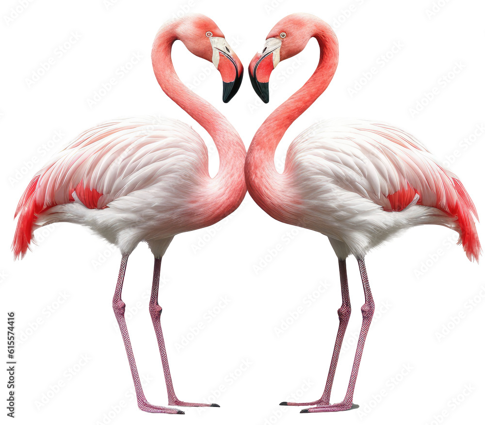 Two flamingo birds forming a heart with their necks isolated on white background as transparent PNG, generative AI animal