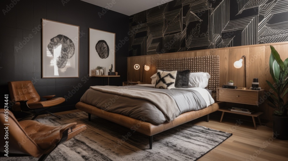 Interior design of Bedroom in Mid-Century style with Bed decorated with ...