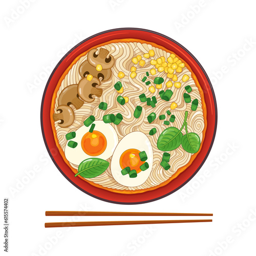 Ramen noodles asian traditional meal. Regional food. Korean noodles. Japanese ramen soup. Chinese udon. Hand drawn vector food illustration. Asian cuisine. Hot oriental food drawing in anime style.