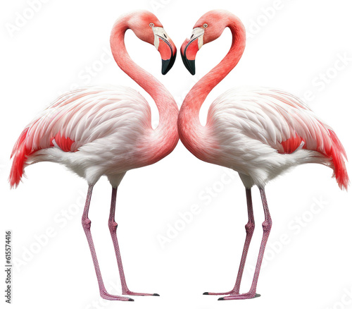 Two flamingo birds forming a heart with their necks isolated on white background as transparent PNG  generative AI animal
