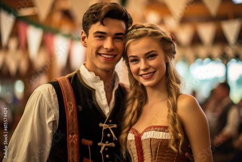 The First Oktoberfest: Teenage Couple in Traditional Bavarian Attire with Dirndl, Embarking on a Memorable Experience, Generative AI